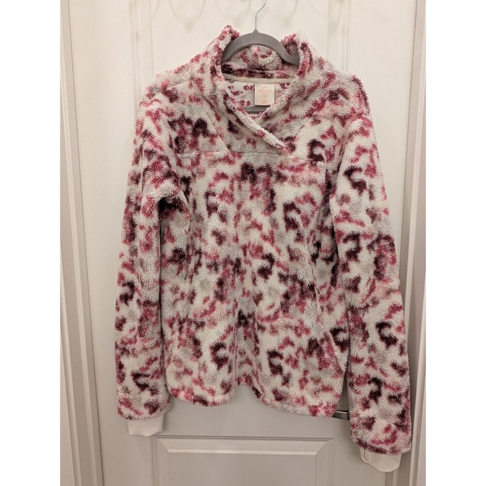Freely Size L Vail Sherpa Pullover Sweater Pink Burgundy Animal Print Fleece